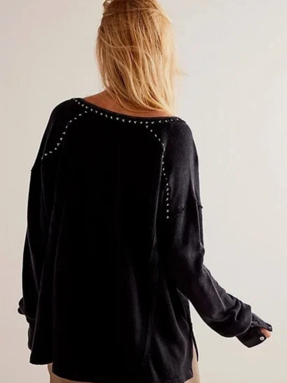 Free People We The Free Taylor Henley Top XS Black Studded Long Sleeve Oversized - Picture 6 of 15